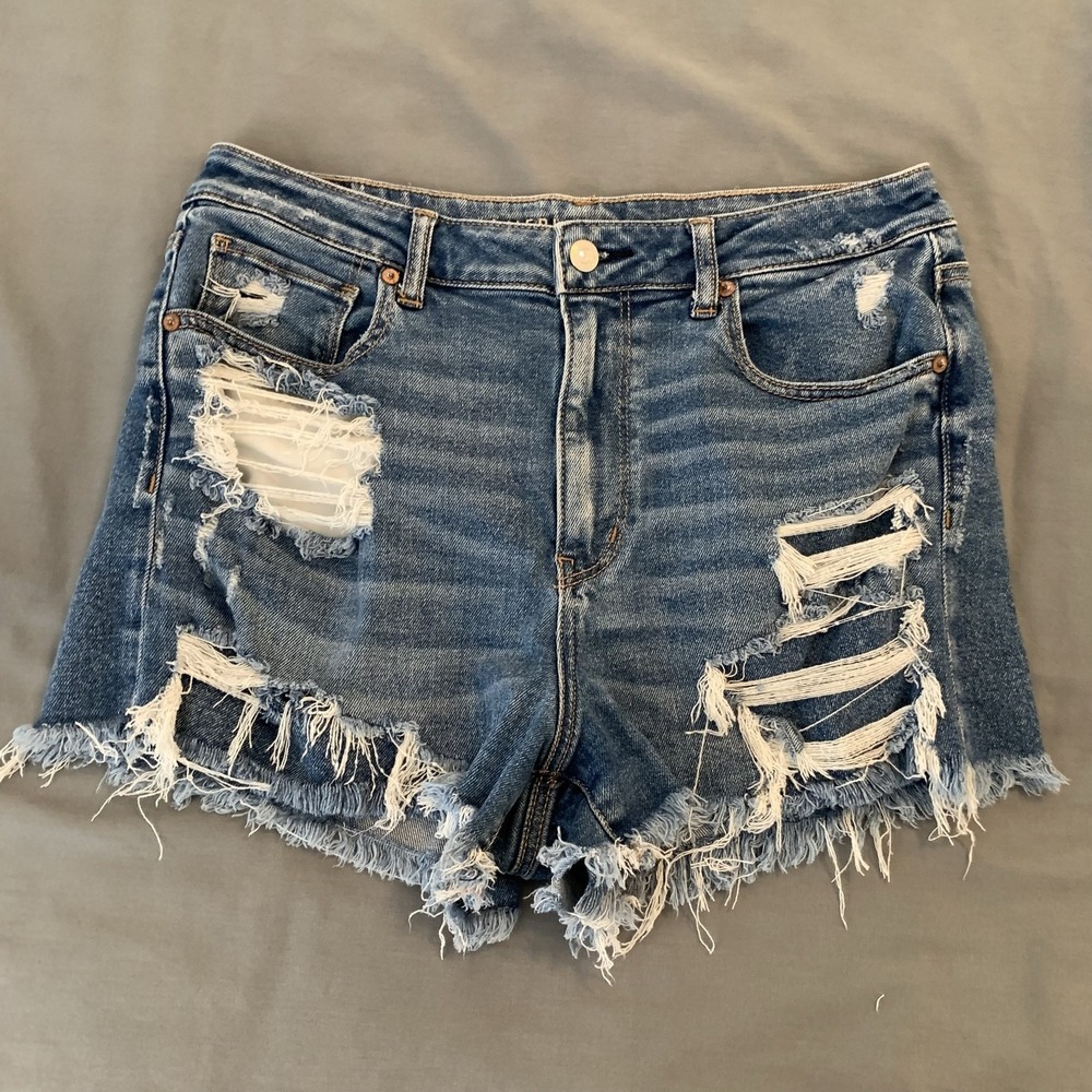 American Eagle Shorts Womens 12 Blue Distressed Cutoff Denim Raw Frayed Cheeky